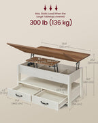 VASAGLE Coffee Table Lift Top, 3 in 1 Center Table with Storage, Gas Spring, 2 Drawers and 3 Hidden Compartments, Open Shelf, for Living Room, Home Office, Honey Brown and Rustic White ULCT254W01