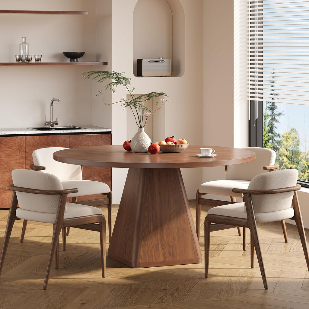 47 Inch Round Dining Table for 4-6, Circle Kitchen Table with Thickened Tabletop, Modern Dining Room Tables with Square Pedestal Base, Dinner Tables for Kitchen Small Space, Walnut (Table Only)