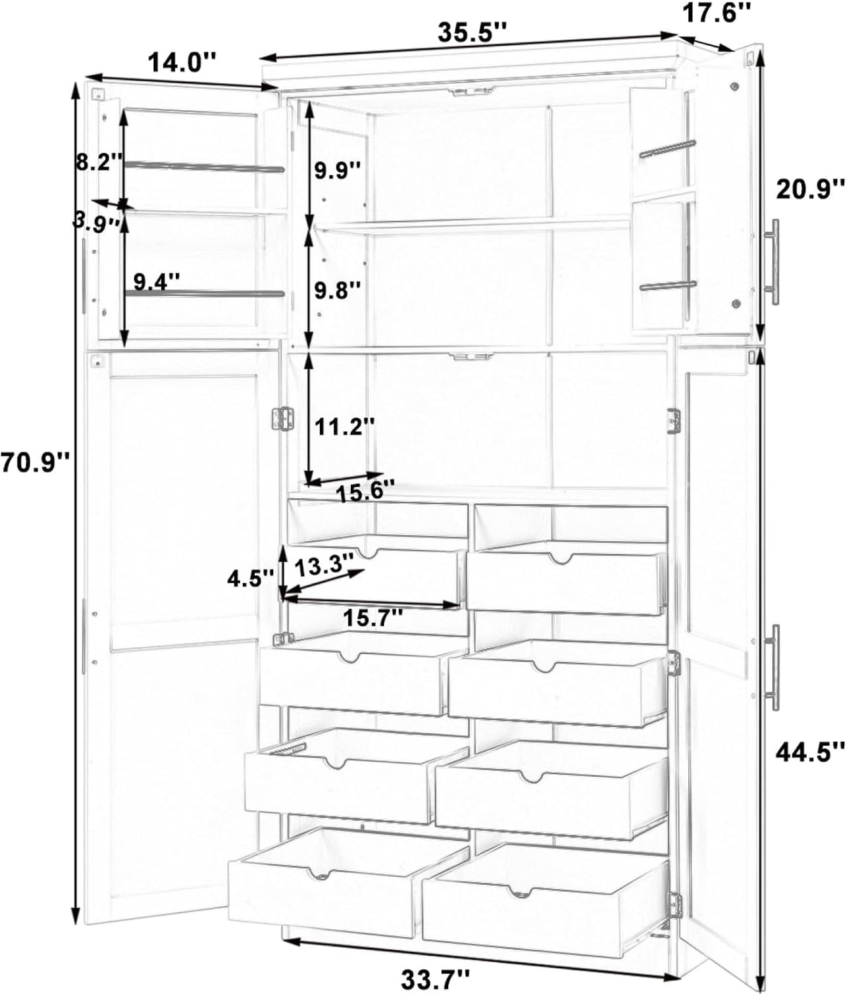 roomfitters 71 Inch Freestanding Kitchen Pantry with 8 Pull-Out Trays and Door Shelves, Shaker Cabinet, Blue