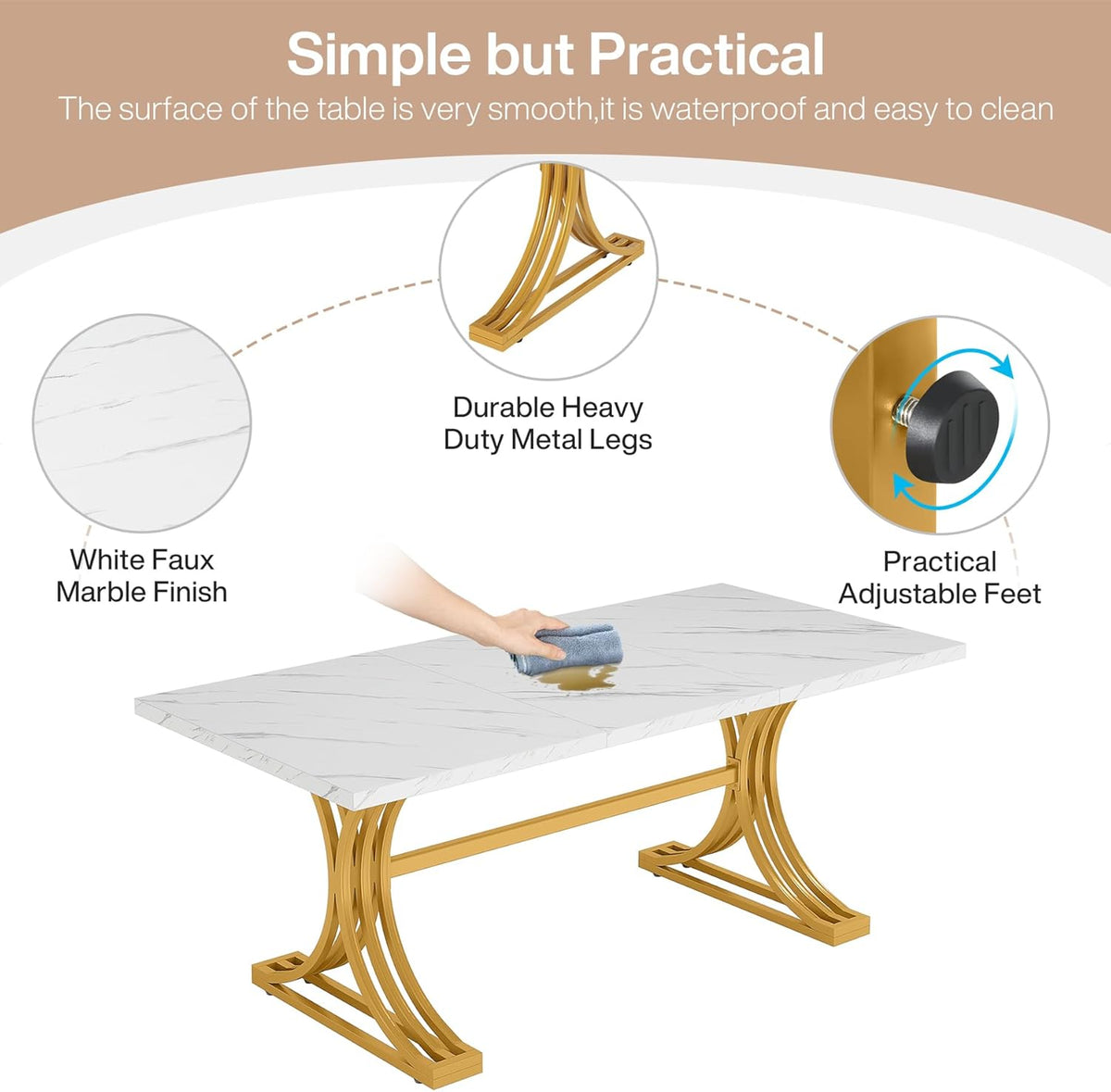 Tribesigns 63-Inch Rectangular Dining Table for 4 to 6, Modern Kitchen Tables with Stylish Metal Trestle Legs, Large Dinner Tables for Dining Room, Only Table (White+Gold)