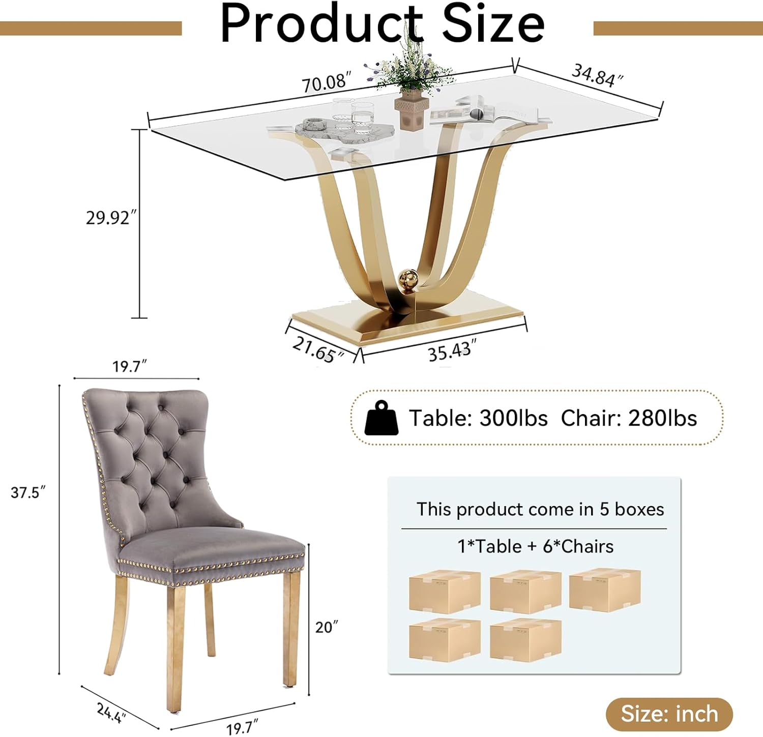HomVent 70'' Glass Dining Table Set for 6, Modern Rectangle Glass Kitchen Table Set for 6, Kitchen Table and Chairs Set for 6 for Living Room,Kitchen