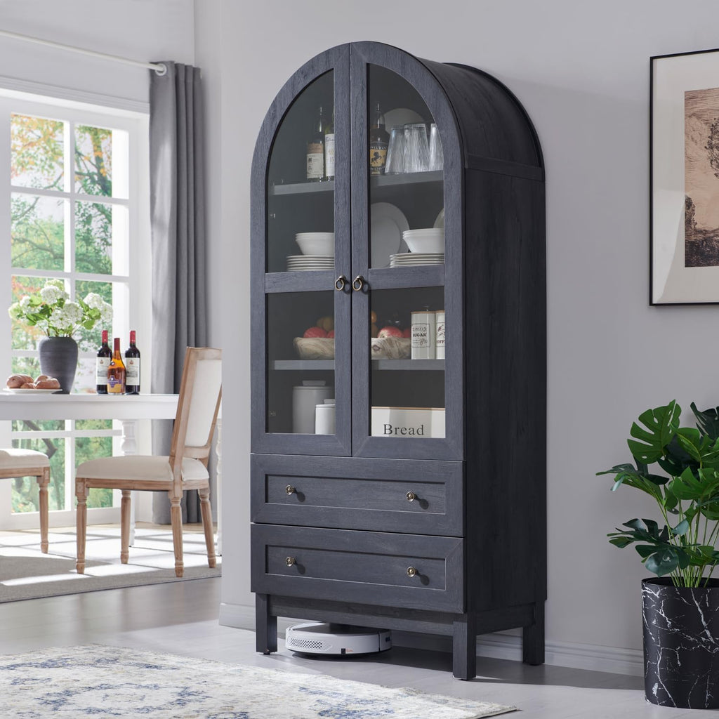 IFGET 71" Tall Arched Kitchen Pantry, Kitchens Storage Cabinets, Grey | Modern Farmhouse Wood Pantry w/2 Large Drawers and Adjustable Shelves, Versatile Cupboard for Kitchen, Dining Room, Bathroom