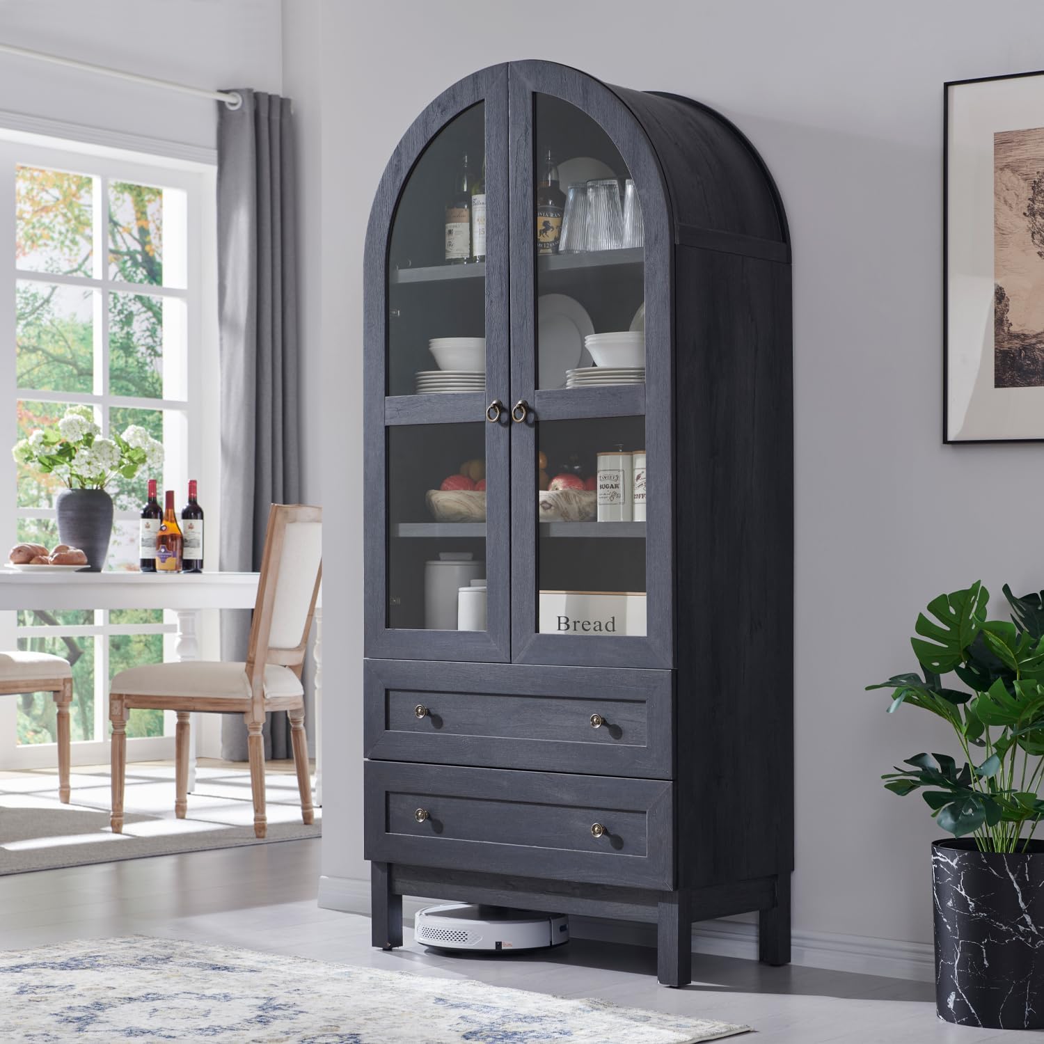 IFGET 71" Tall Arched Kitchen Pantry, Kitchens Storage Cabinets, Grey | Modern Farmhouse Wood Pantry w/2 Large Drawers and Adjustable Shelves, Versatile Cupboard for Kitchen, Dining Room, Bathroom