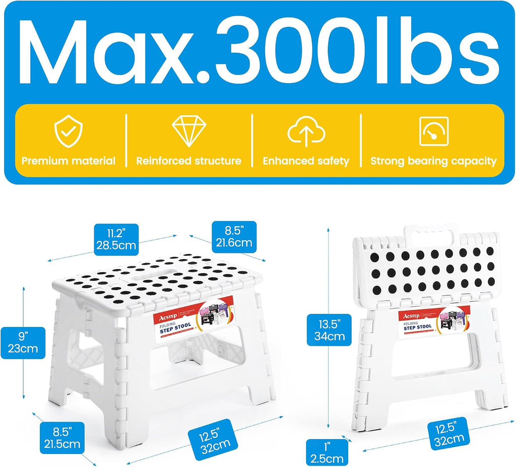 ACSTEP 7.5 and 9 Inch Folding Step Stool 2-Piece Set, 165/300 LB Capacity Plastic Foldable Stools with Handle, Non-Slip Step Stool, Home Use (White & White)