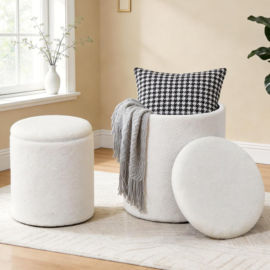 oakvivo Round Set of 2 Ottoman with Storage, Boucle Storage Ottoman Foot Stool, Soft Teddy Upholstered Small Vanity Stool, Ottomans Padded Seat Foot Rest for Living Room Bedroom, White