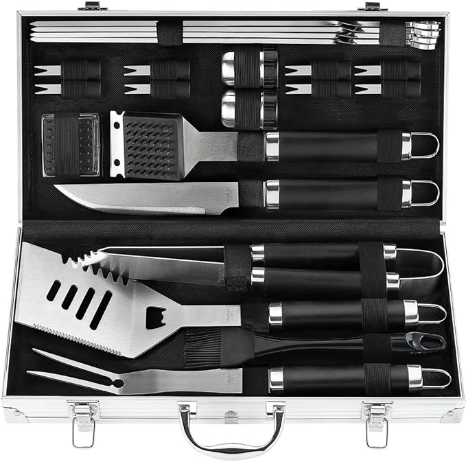 POLIGO 22PCS Heavy Duty BBQ Grill Accessories Set, Non-Slip Grill Tools for Outdoor Grill Set Thicker Stainless Steel Grill Utensils Set, Deluxe Grilling Tools Set in Aluminum Case Ideal Gifts for Men