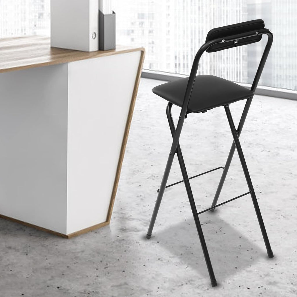 Folding Bar Stool with Back, 1 Pcs 27.6 Inch Tall Foldable Stool Chair Portable High Folding Bar Chair Counter Height Seat Leather Padded for Kitchen Shop Cafe Dining Room