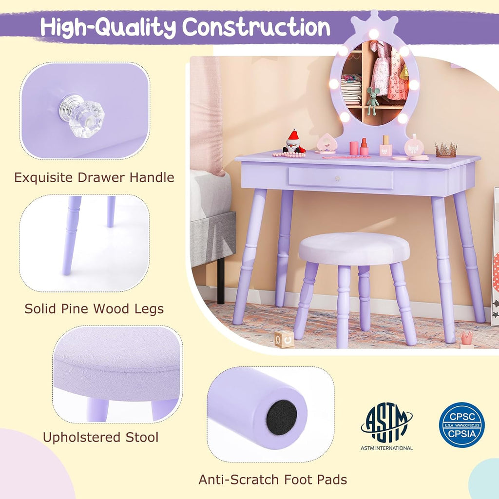 Costzon Kids Vanity, Girls Vanity Set with Mirror and Stool and Lights, Drawer, 2 in 1 Wooden Makeup Vanity Desk Dressing Table, Kids Vanity Table and Chair Set (Violet)