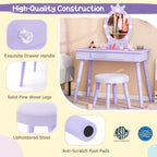 Costzon Kids Vanity, Girls Vanity Set with Mirror and Stool and Lights, Drawer, 2 in 1 Wooden Makeup Vanity Desk Dressing Table, Kids Vanity Table and Chair Set (Violet)