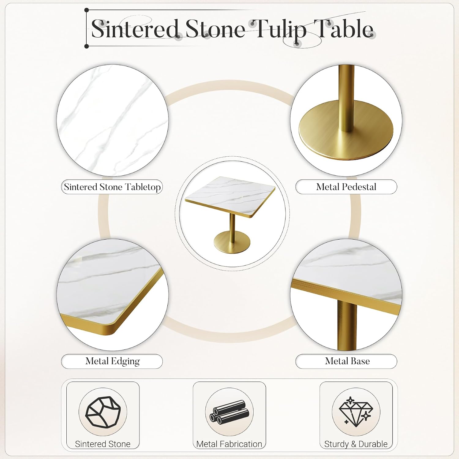 31.5" Square Dining Table, Square Restaurant Table with 1.2" Thick Sintered Stone Tabletop and Golden Metal Pedestal Base, Bistro Table for Diner, Bar, kitchen, Bakery, Apartment (Marble White)