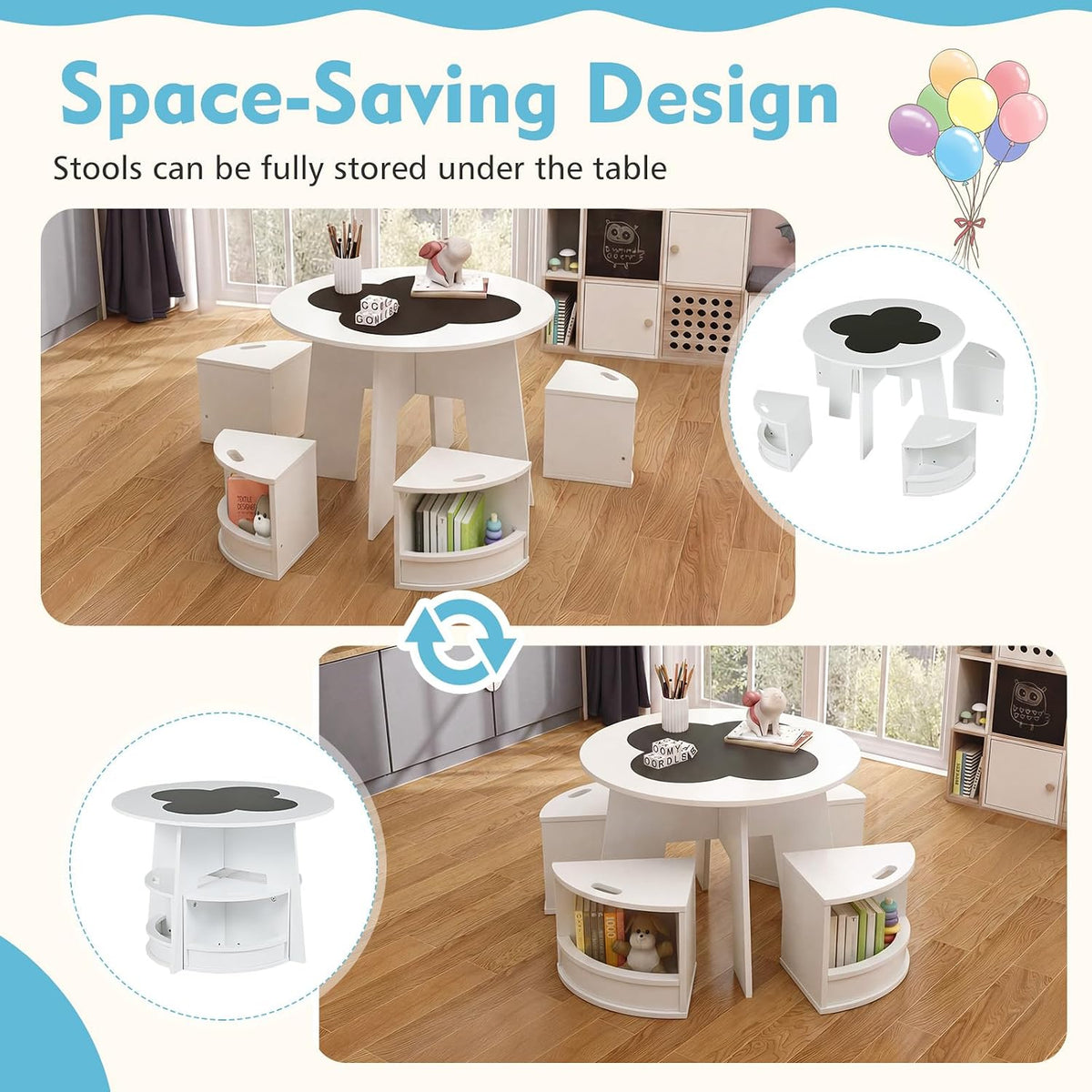 GLACER Kids Table and Chairs with Storage, 5-Piece Toddler Table and Chair Set, Blackboard Activity Desk w/ 4 Stools for Art Craft Drawing Reading, Space-Saving Playroom Furniture Ages 3+