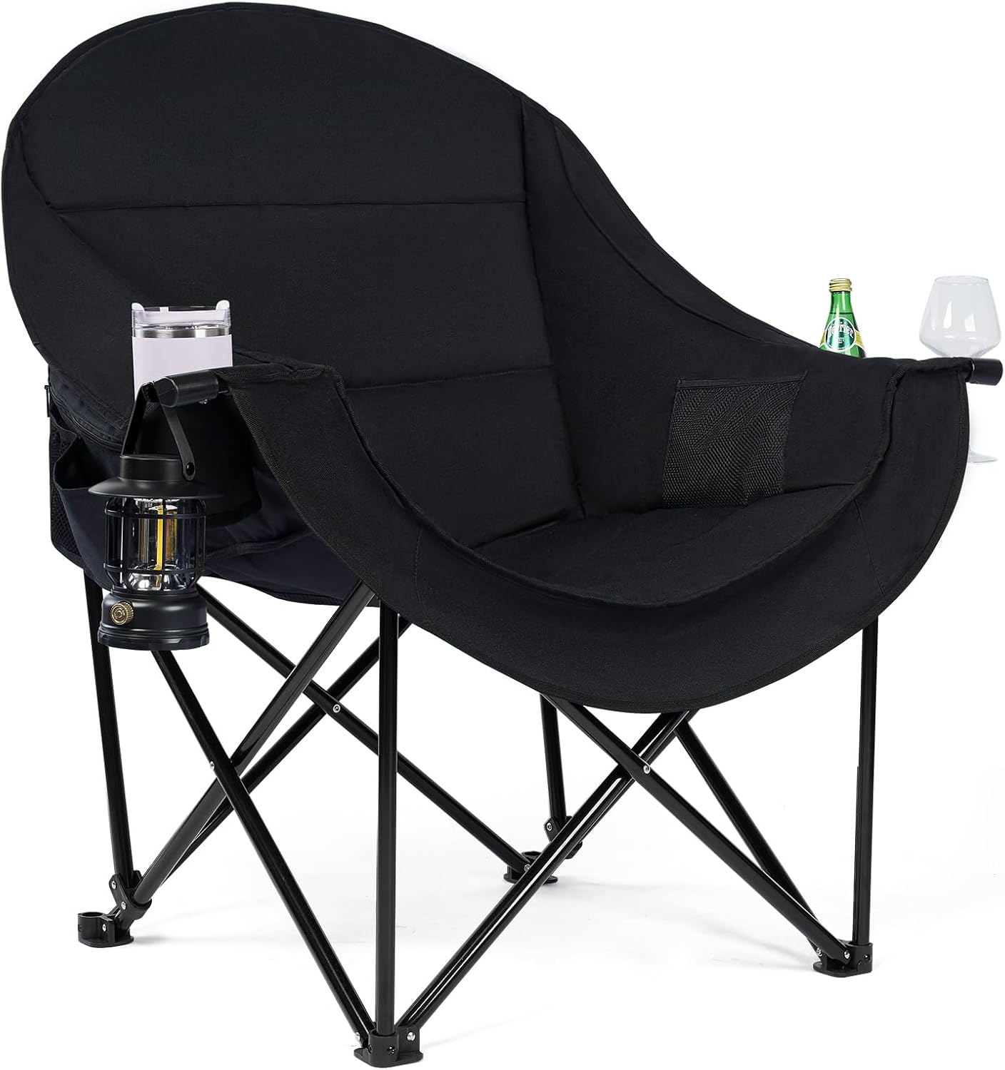 Oversized Camping Chairs for Adult - Heavy Duty Padded Portable Folding Chair XL Collapsible Camp Chair with Cup Holder Side Pocket for Outdoor Lawn Beach Sport Fishing Support 500LBS, Black