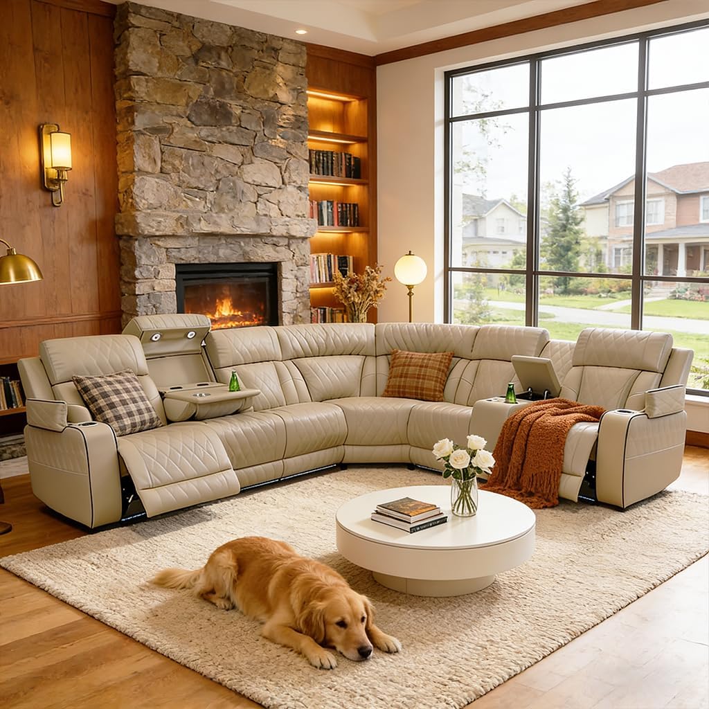 Breathing Leather Reclining Sofa Set,Power Recliner Sectional Couch with LED Light,Modern Living Room Furniture Set,Reclining Sectional Couch Set with USB Port/Storage for Home/Home Theater