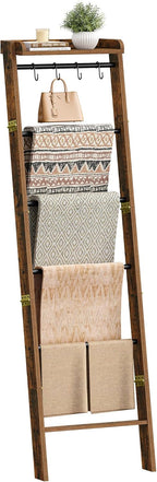 Hzuaneri Blanket Ladder Shelf, Decorative Quilt Rack, 7-Tier Farmhouse Ladder Holder Organizer with 4 Removable Hooks 7.9" D x 17.3" W x 66.9" H, Rustic Brown BR36801B