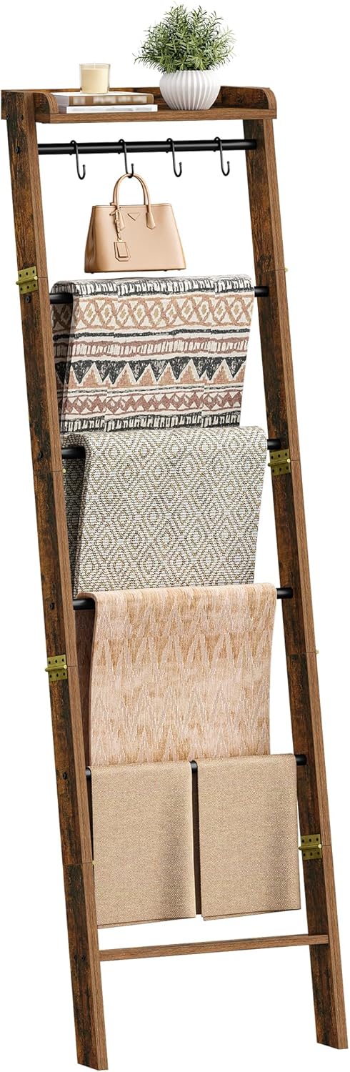 Hzuaneri Blanket Ladder Shelf, Decorative Quilt Rack, 7-Tier Farmhouse Ladder Holder Organizer with 4 Removable Hooks 7.9" D x 17.3" W x 66.9" H, Rustic Brown BR36801B