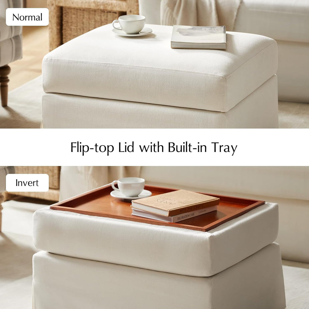 HULALA HOME Storage Ottoman Coffee Table with Lift Top, Farmhouse Linen Upholstered Ottoman with Removable Fabric Cover, 30-Inch Large Coffee Table with Storage for Living Room, Bedroom, Ivory