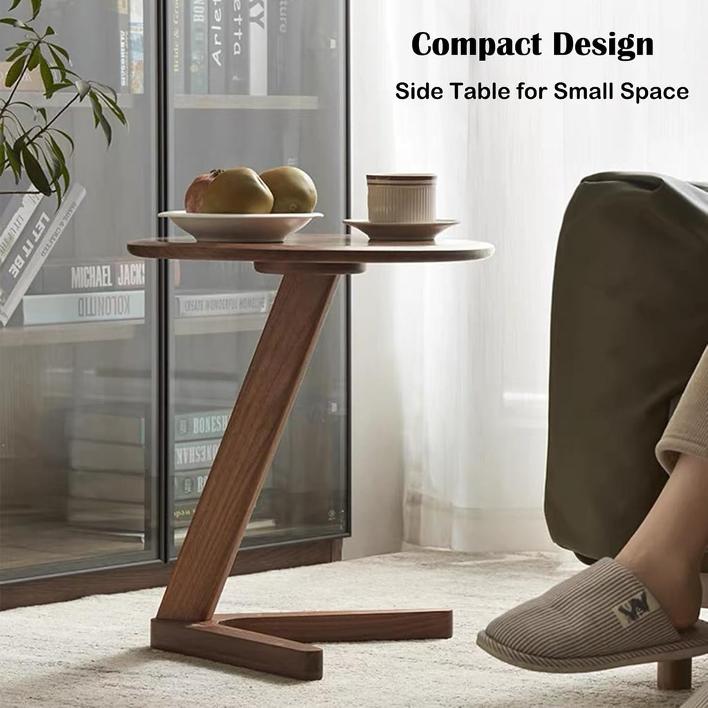 YUNMUAIR-C-Shaped Solid Wood End Table,Small Round Side Table for Couch,Space-Saving Sofa Table Slide Under Couch for TV Dinner, Laptop Side Over Wood Table for Living Room Bedroom