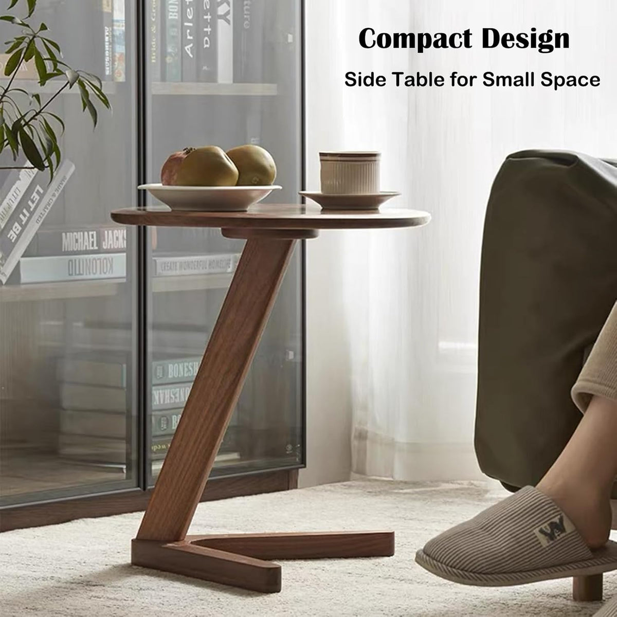 YUNMUAIR-C-Shaped Solid Wood End Table,Small Round Side Table for Couch,Space-Saving Sofa Table Slide Under Couch for TV Dinner, Laptop Side Over Wood Table for Living Room Bedroom