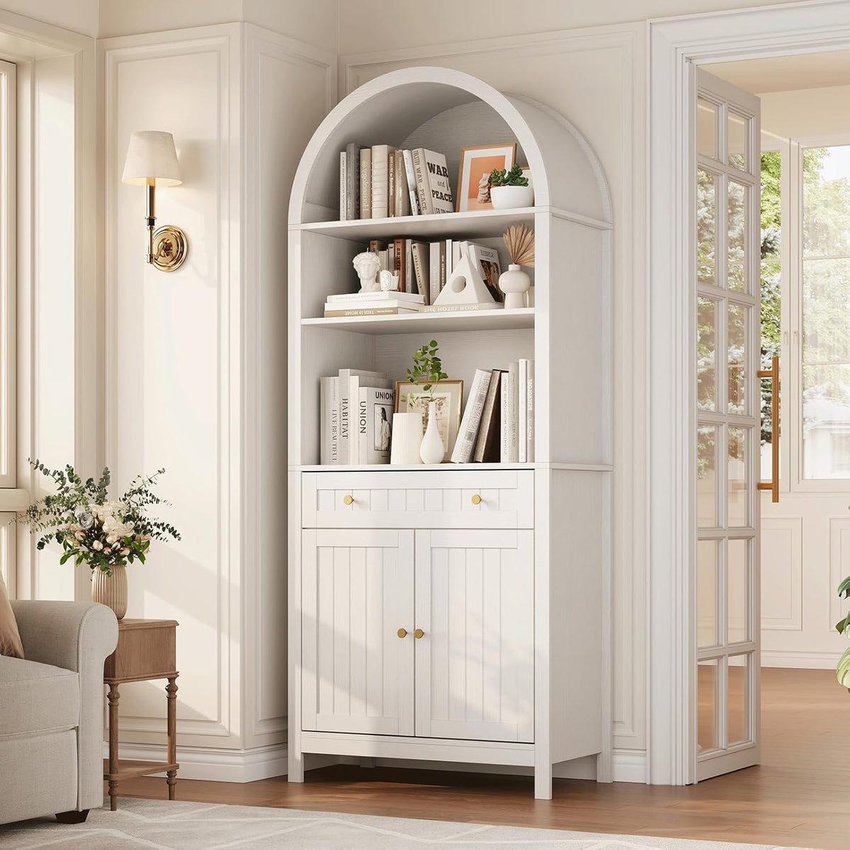 Modern Farmhouse Arched Pantry Cabinet 73" – Freestanding Tall Storage with Adjustable Shelves & Drawer – Accent Kitchen, Dining, Living or Bedroom Cupboard – Embossed White
