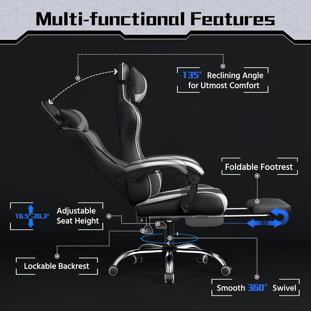 Yaheetech Gaming Chair with Footrest Massage Lumbar Pillow Black and White | Foam-padded PU leather racing seat and plush headrest recline with a slide-out footrest; metal frame supports up to 300 lb.