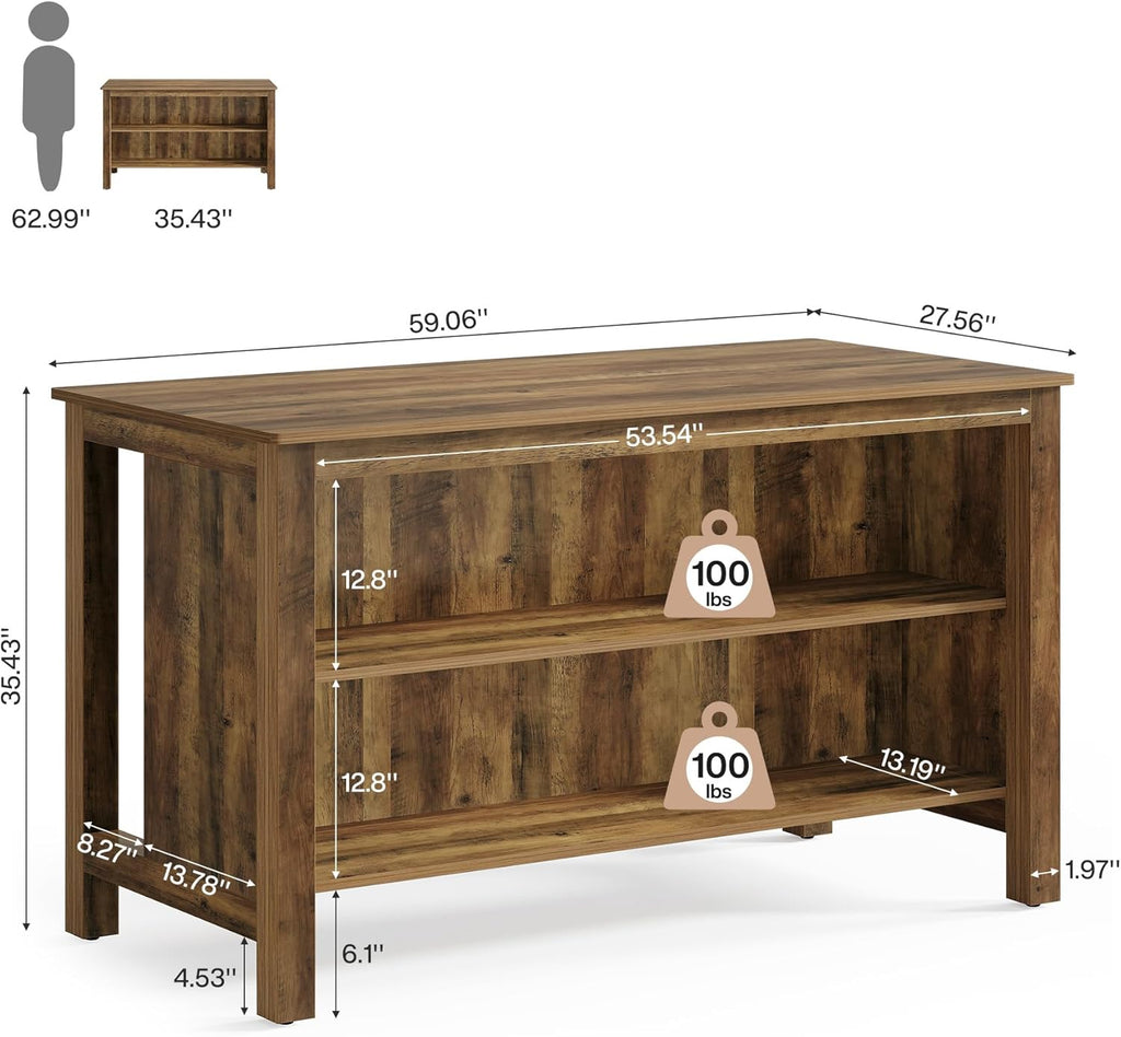 Tribesigns Kitchen Island with Seating and Storage, 59-Inch Large Farmhouse Stationary Island Table for Kitchen, 3-Tier Counter Height Coffee Bar Tables for Dining Room, Rustic Brown
