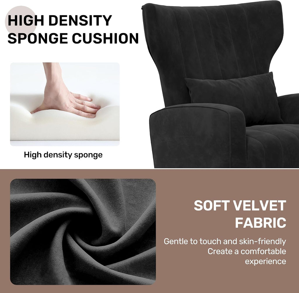 Nebuaegis Black Velvet Accent Chair Set of 2, Wingback Chair for Living Room, High Back Arm Chair with Golden Legs Lumbar Pillow, Upholstered Single Sofa Bedroom