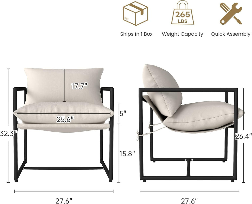 Kromax Sling Accent Chair, Set of 2, Cozy Living Room Chairs, Beige | Cozy Living Room Chairs, Square Metal Frame, Upholstered Soft Cushion, Sponge, 27.6"x27.6“x32.3, Easy Assembly