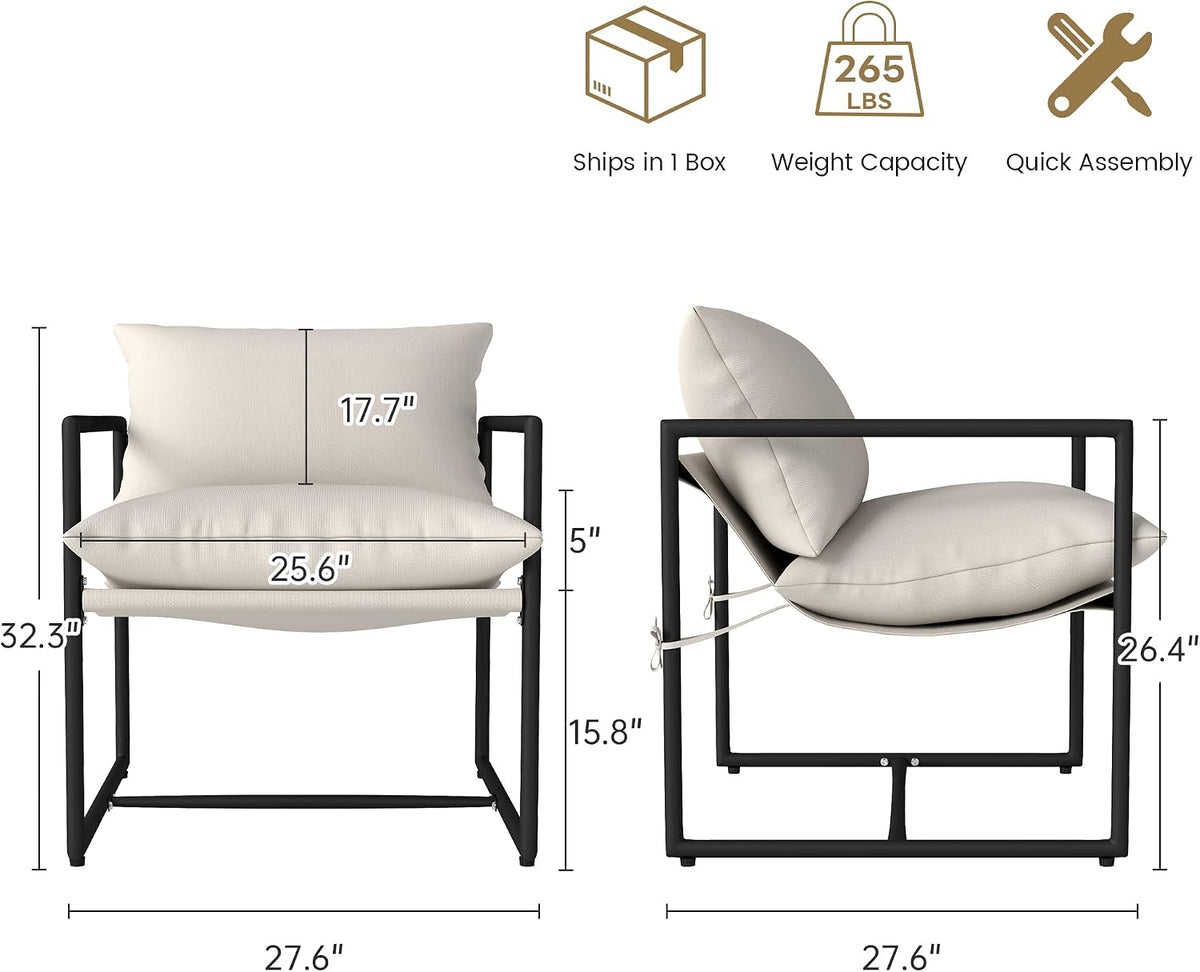Kromax Sling Accent Chair, Set of 2, Cozy Living Room Chairs, Beige | Cozy Living Room Chairs, Square Metal Frame, Upholstered Soft Cushion, Sponge, 27.6"x27.6“x32.3, Easy Assembly