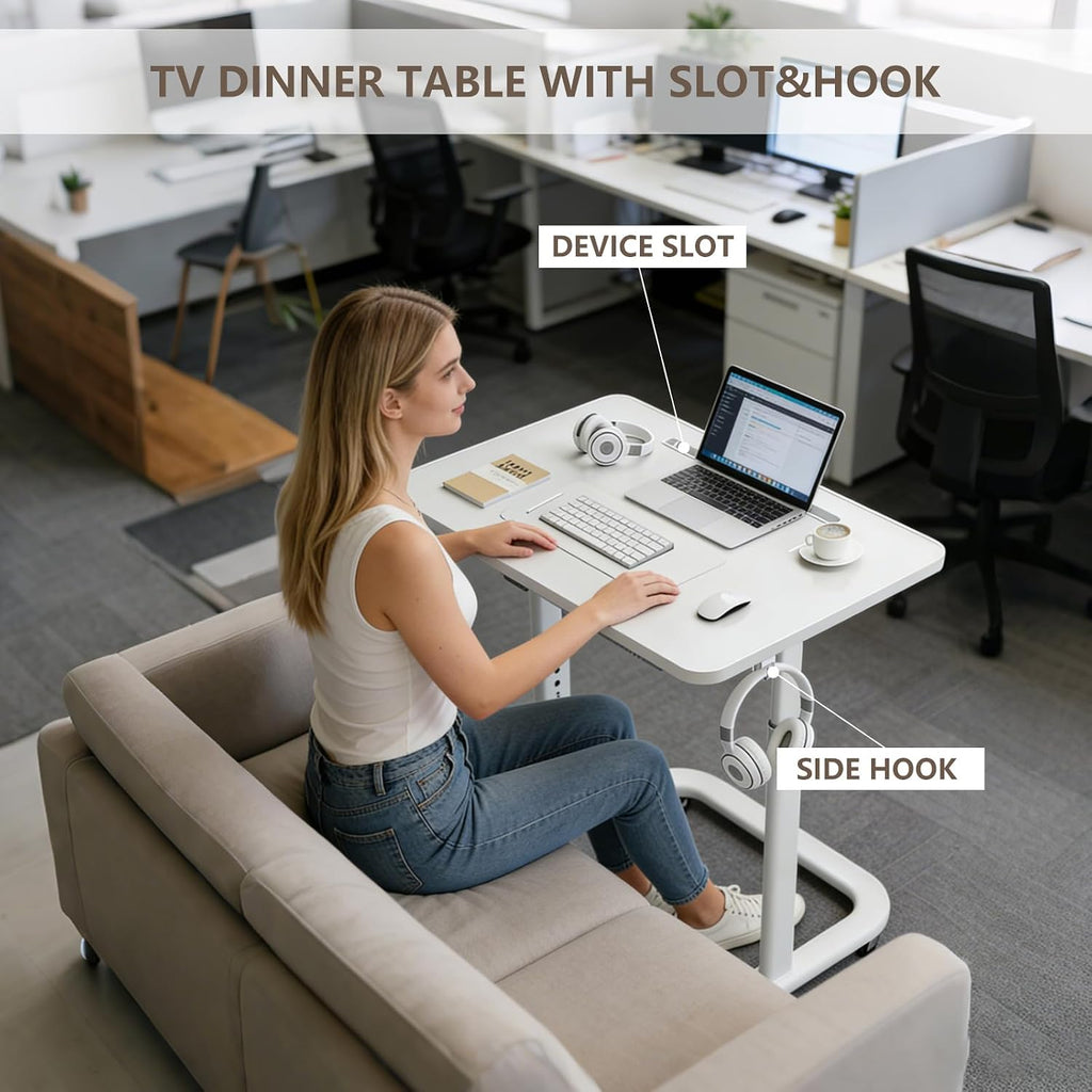 BeGyoku TV Dinner Tray Table,TV Trays for Eating on Couch,Height Adjustable TV Tray Table with Wheels,C Shaped End Table with Slot,Standing Rolling Laptop Desk&Wooden Snack Tray for Bed&Sofa&Recliner