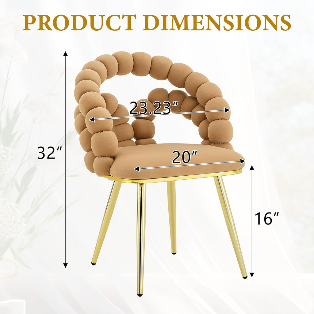 Aoowow Bubble Ball Chain Chairs, Contemporary Luxury Kitchen Chairs, Handcrafted Backrest, Lumbar Support, Modern Velvet Dining Chairs with Gold Legs for Kitchen, Dining Room (Brown, 4 Chairs)