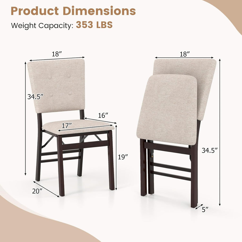 Giantex Folding Dining Chairs Set of 2, Armless Kitchen Chair w/Padded Seat & Tilt Backrest, Rubber Wood Legs, Upholstered Accent Side Chairs for Dining Room, Living Room, Restaurant