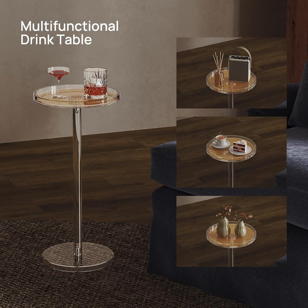 HMYHUM Acrylic Rattan Drink Table for Small Spaces, 11.8'' L x 11.8'' L x 24'' H, Round Coffee Martini Drink Side Table with Pedestal for Living Room, Corners, Sofa, Clear, Easy Assembly