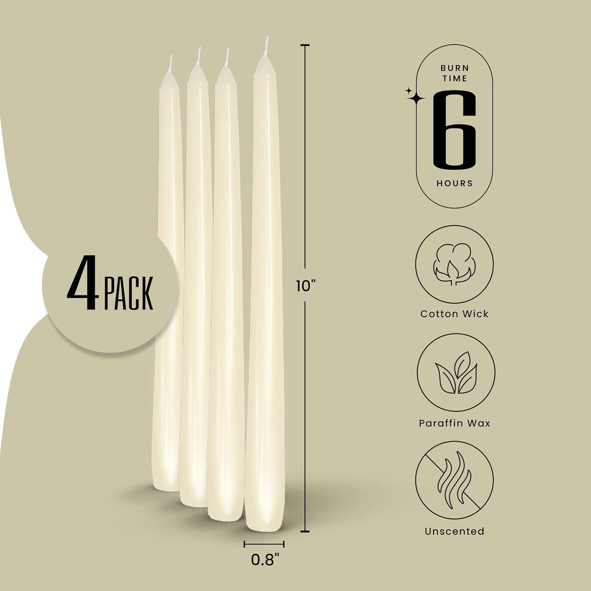 Leor & Lair Ivory Taper Candles - 4 Pack 10" Ivory Candlesticks - Unscented Cream Candle Sticks for Home Decoration, Holiday Tables, Weddings, Restaurants & Business Events