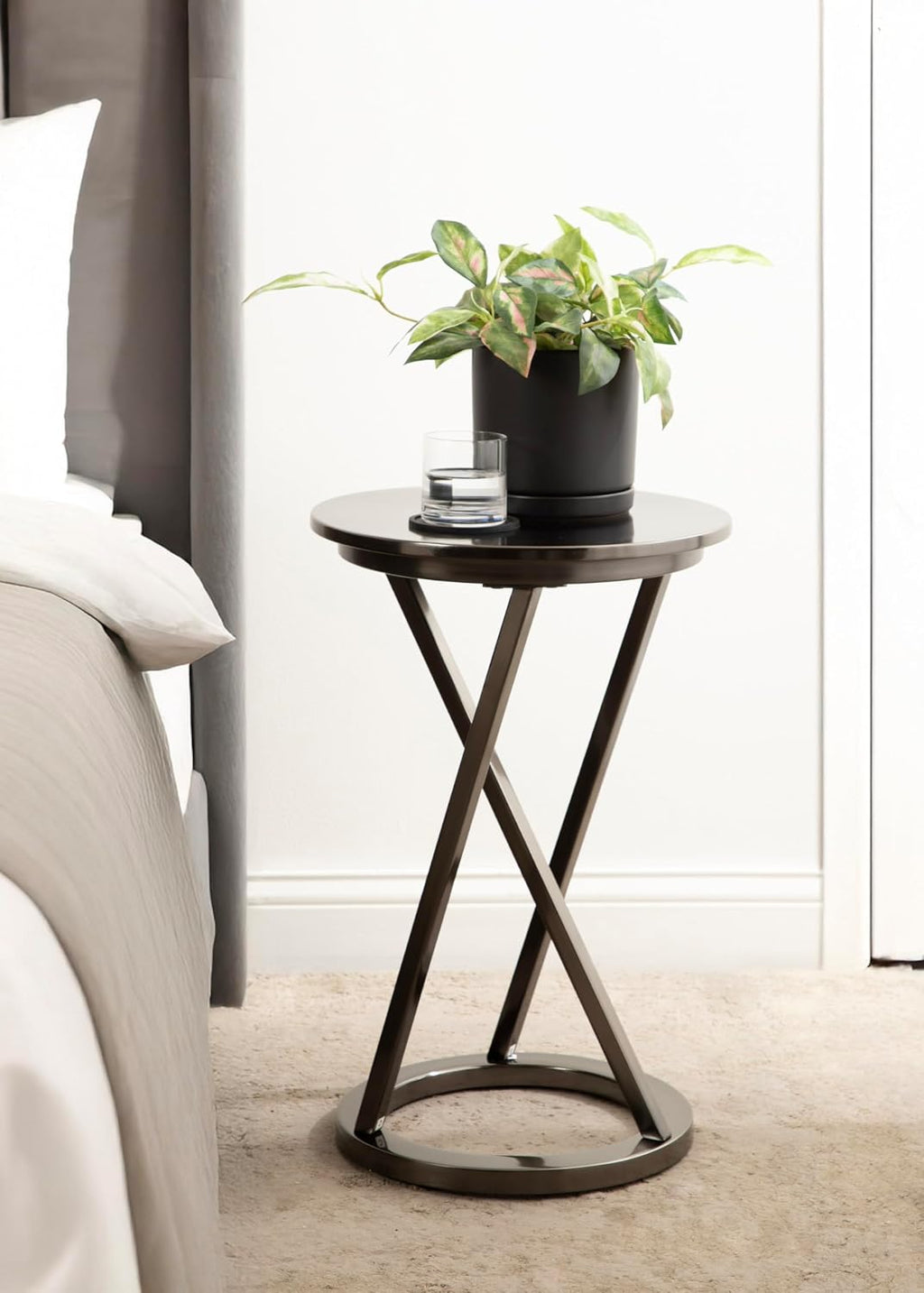 Kate and Laurel Aja Modern Metal Round Side Table; 15 x 15 x 23; Gray Gunmetal; Decorative Geometric End Table with Unique Slanted Legs for Use as Bedroom Nightstand or Living Room Indoor Plant Stand