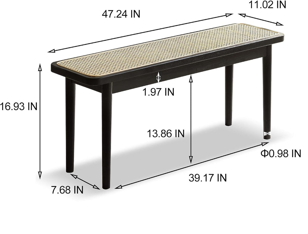 GDFStudio 47.24" Solid Oak Wood Dining Bench with Handwoven Rattan Seat, Modern Mid-Century Entryway Bench, End of Bed Bench for Bedroom Living Room, Black