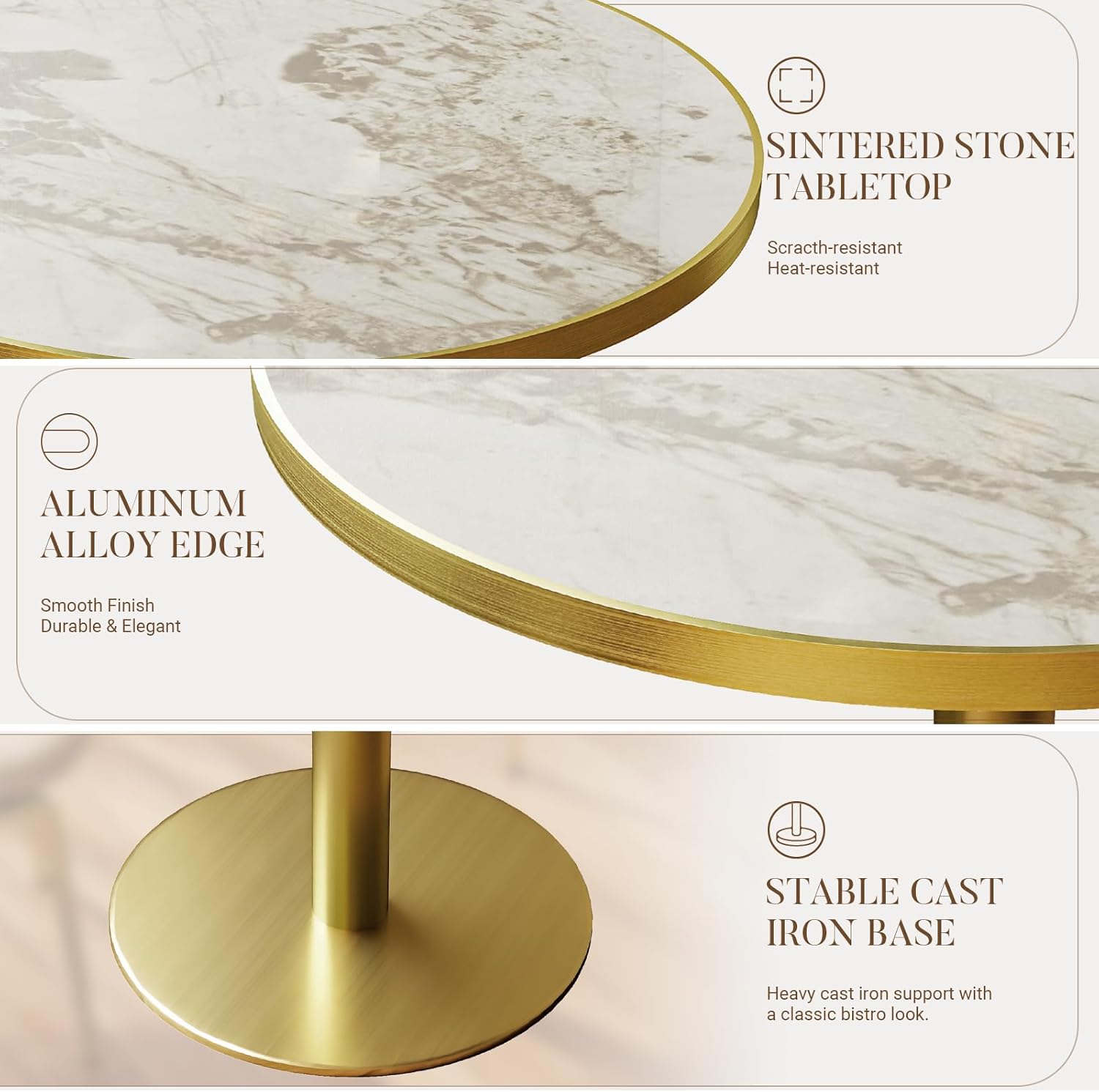 31.5" Tulip Table with Sintered Stone Tabletop and Golden Metal Pedestal, Small Round Dining Table for 2-4 Person, Modern Bistro Table for Kitchen, Small Spaces, Living Room, Cafe (Glossy Pandora)