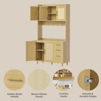 71" Tall Rattan Door Kitchen Pantry Cabinet, Freestanding Storage Hutch with 3 Drawers, 6 Hooks, Adjustable Shelves, Microwave Stand for Living Room, Kitchen