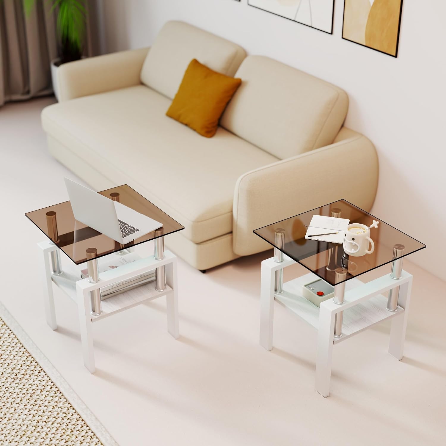 Set of 2 Glass End Table, 2-Layer Glass Living Room Table, Modern Tea Table Side Tables for Home Office Furniture