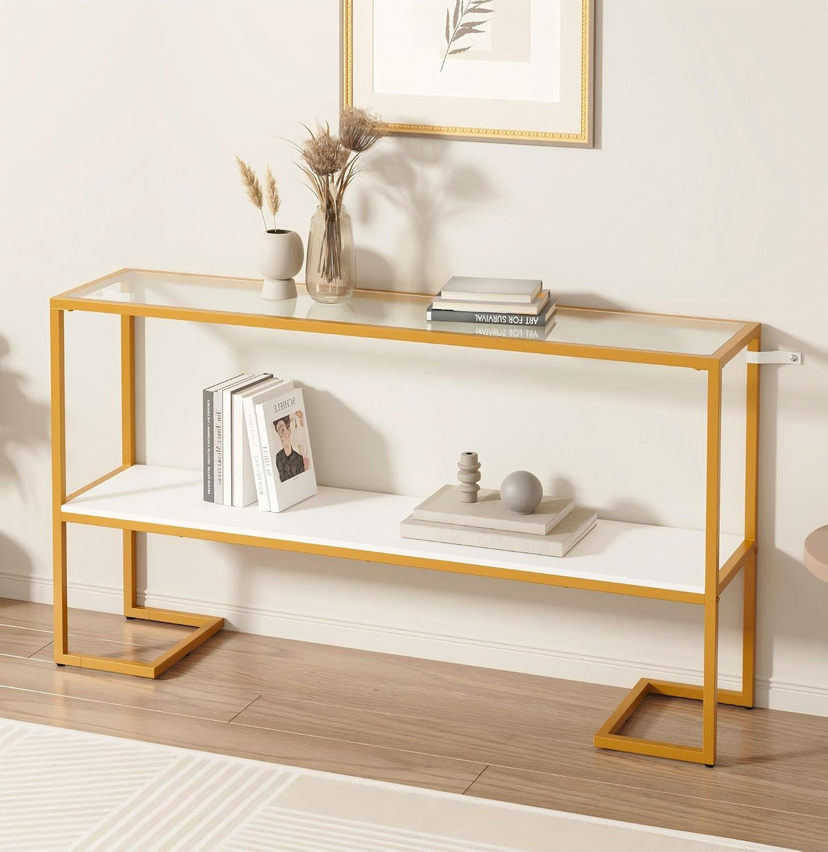 Furnify Console Sofa Table, 52" Modern Entryway Table, 2-Tier Open Shelf with Tempered Glass, Gold Metal Frame Behind Couch Table for Living Room Bedroom Hallway Entrance, White