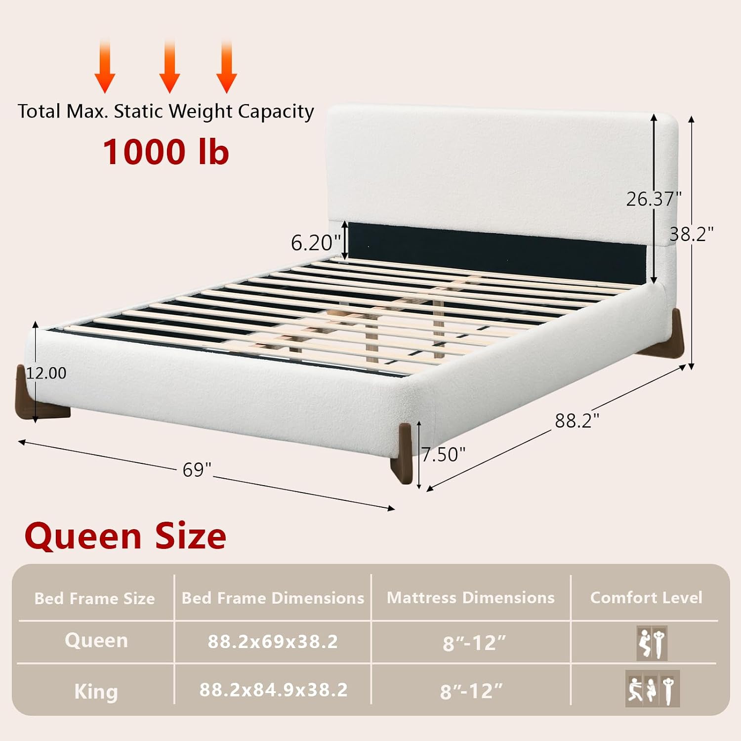 Kenhome Queen Size Boucle Cloud Bed Frame, White Upholstered Platform Bed with Soft Headboard, Solid Wood Legs, No Box Spring Required, Easy Assembly (Beige, Queen (U.S. Standard))