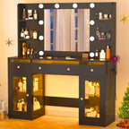 Vanity Desk W/6000-Colors Light&Power Outlet,Makeup Vanity Desk W/LED Mirror and Lights 3 Colors,Transparent GlassTop W/3 RGB Drawers,Hair Tool Holder,2 Large Tempered Cabinets for Bedroom(Black 2)