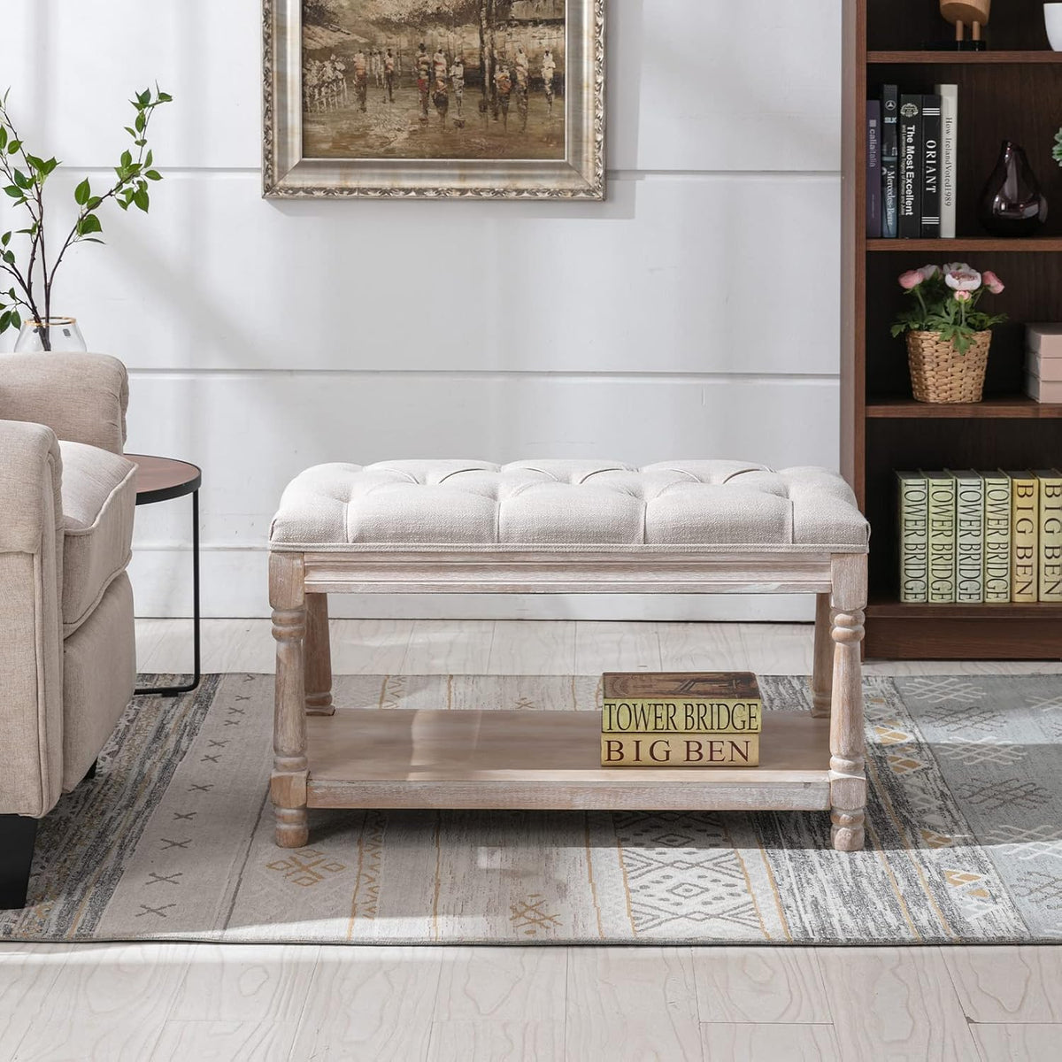 Farmhouse Storage Bench Wooden Entryway Linen Upholstered Ottoman Button Tufted Bench for Bedroom End of Bed Hallway Organizer, Beige, 32 Inch