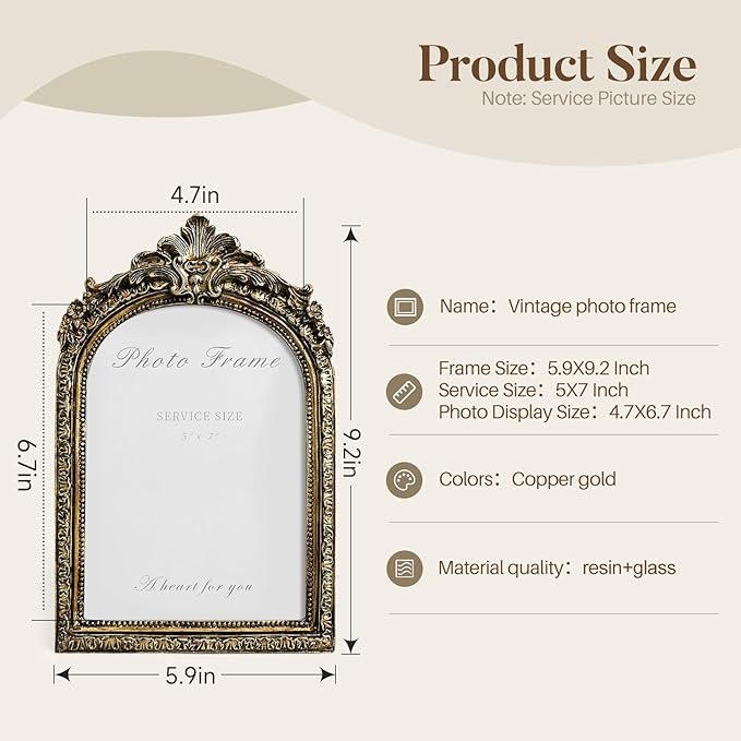 Cuspin Arched 5x7 Picture Frame Vintage Gold Frames, Bronze 5 by 7 Arched Picture Frame Hand-Crafted Resin with Glass Front Ornate Retro Antique Photo Frames for Wall and Tabletop Display Home Decor