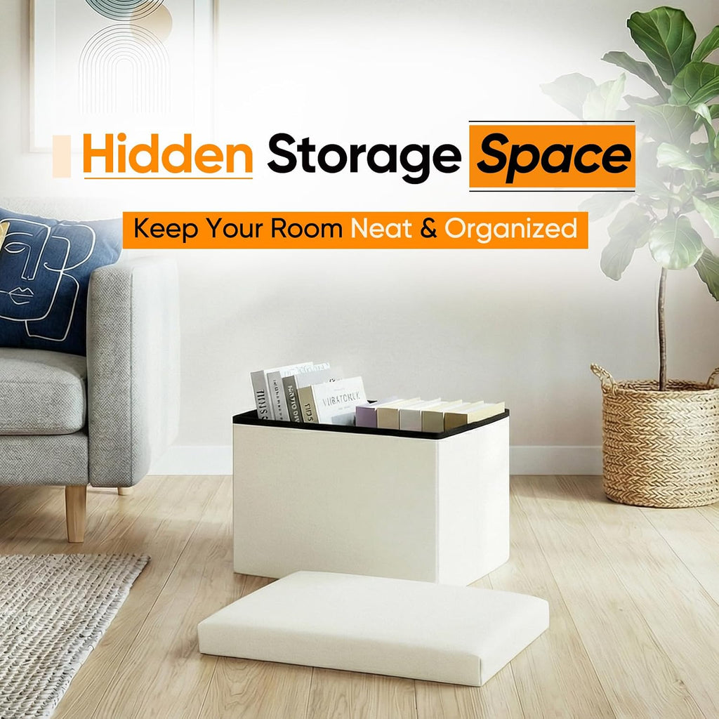 16.5" Folding Storage Ottoman, Linen Fabric Footstool with Padded Lid, Collapsible Storage Footrest for Small Space, Living Room, Bedroom, Dorm, Off White
