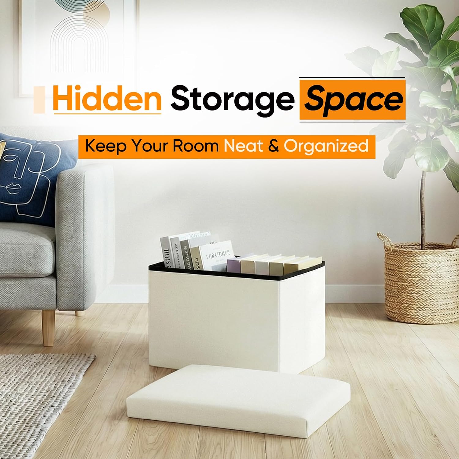 16.5" Folding Storage Ottoman, Linen Fabric Footstool with Padded Lid, Collapsible Storage Footrest for Small Space, Living Room, Bedroom, Dorm, Off White
