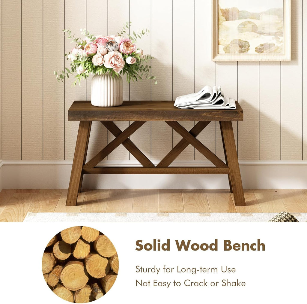 Wnutrees 30" Farmhouse Wood Bench, Rustic Solid Wood Entryway Bench Seat with Double X-Structure for Dining Area Living Room Hallway, Structural Stability, Natural