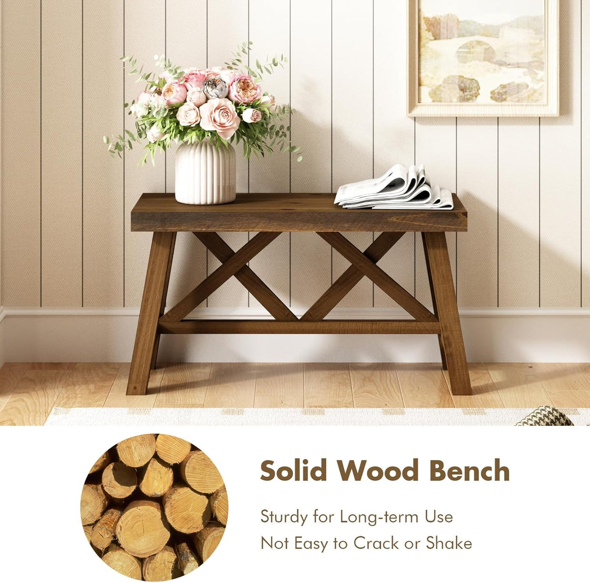 Wnutrees 30" Farmhouse Wood Bench, Rustic Solid Wood Entryway Bench Seat with Double X-Structure for Dining Area Living Room Hallway, Structural Stability, Natural