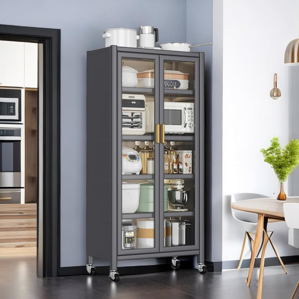 Kitchen Pantry Metal Kitchen Shelving Floor-to-Ceiling Multilevel Household Microwave Bowls Storage Cabinet on Wheels for Kitchen, Living Room, Dining Room, Grey