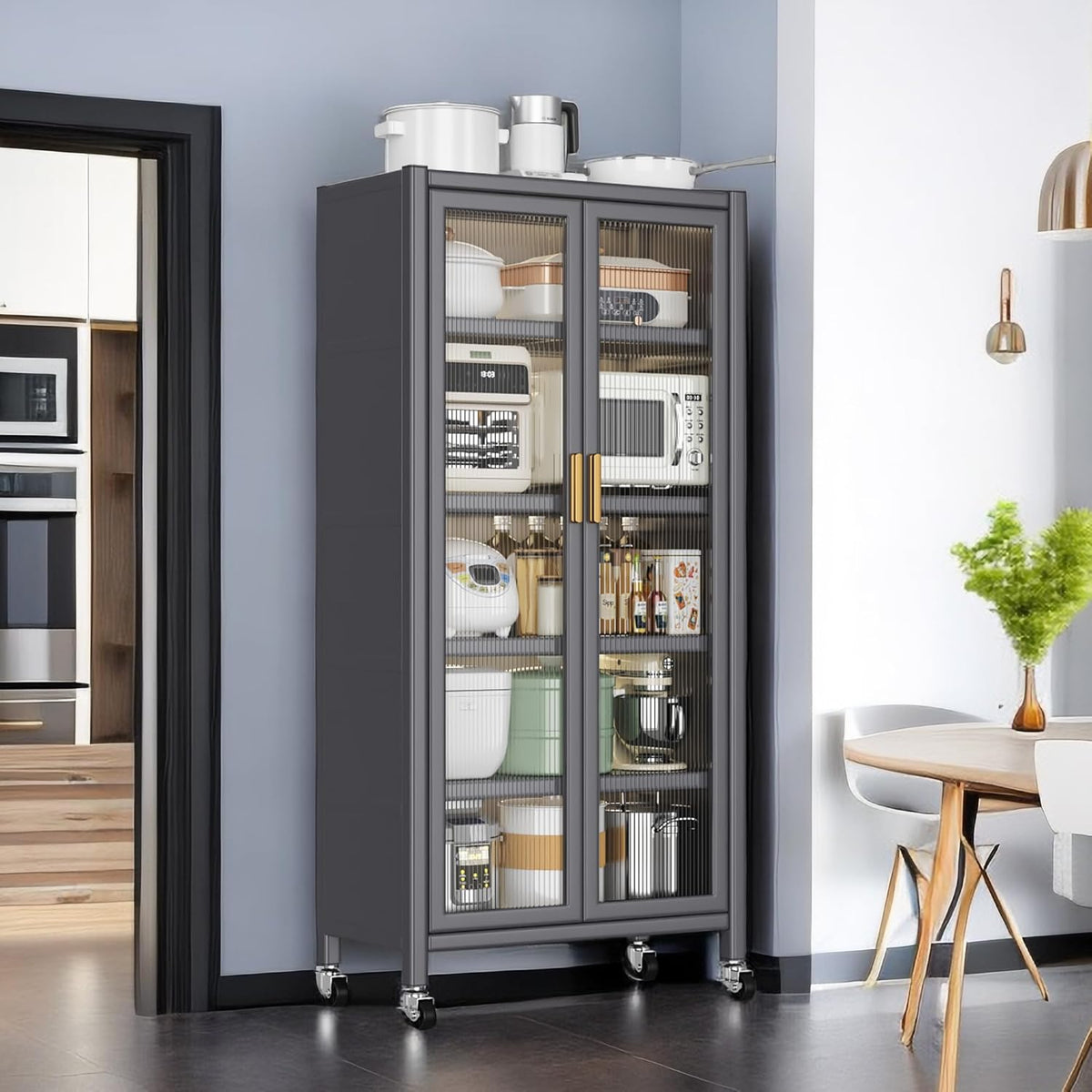 Kitchen Pantry Metal Kitchen Shelving Floor-to-Ceiling Multilevel Household Microwave Bowls Storage Cabinet on Wheels for Kitchen, Living Room, Dining Room, Grey