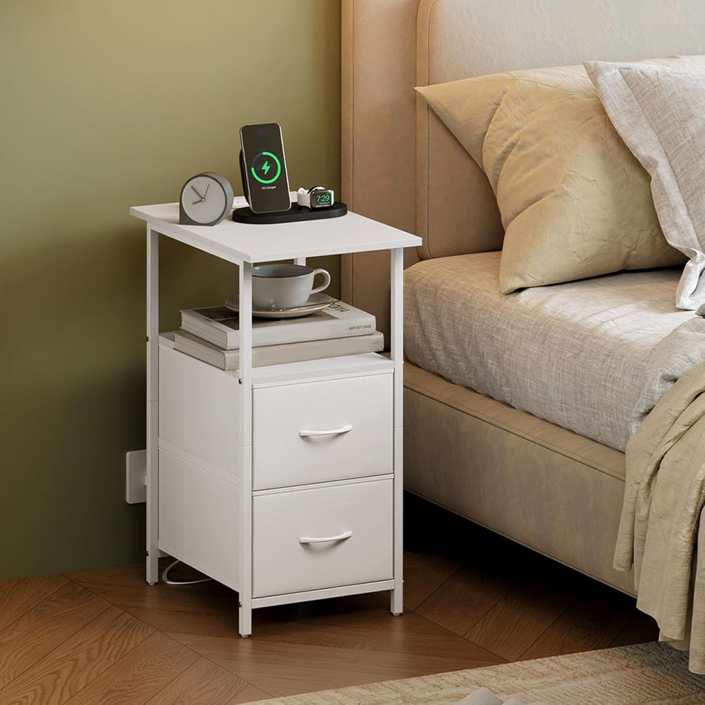 Somdot End Table with Charging Station, Narrow Side Table with 2 Fabric Drawers, Skinny Nightstand with Storage, Small Slim Bedside Table for Living Room, Sofa, Bedroom, Couch, White Leather